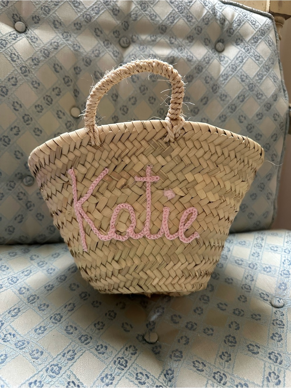 Personalized Moroccan Straw Basket with “Katie” in pink crochet